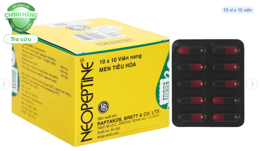 Neopeptine trị đầy hơi, khó tiêu (10 vỉ x 10 viên)